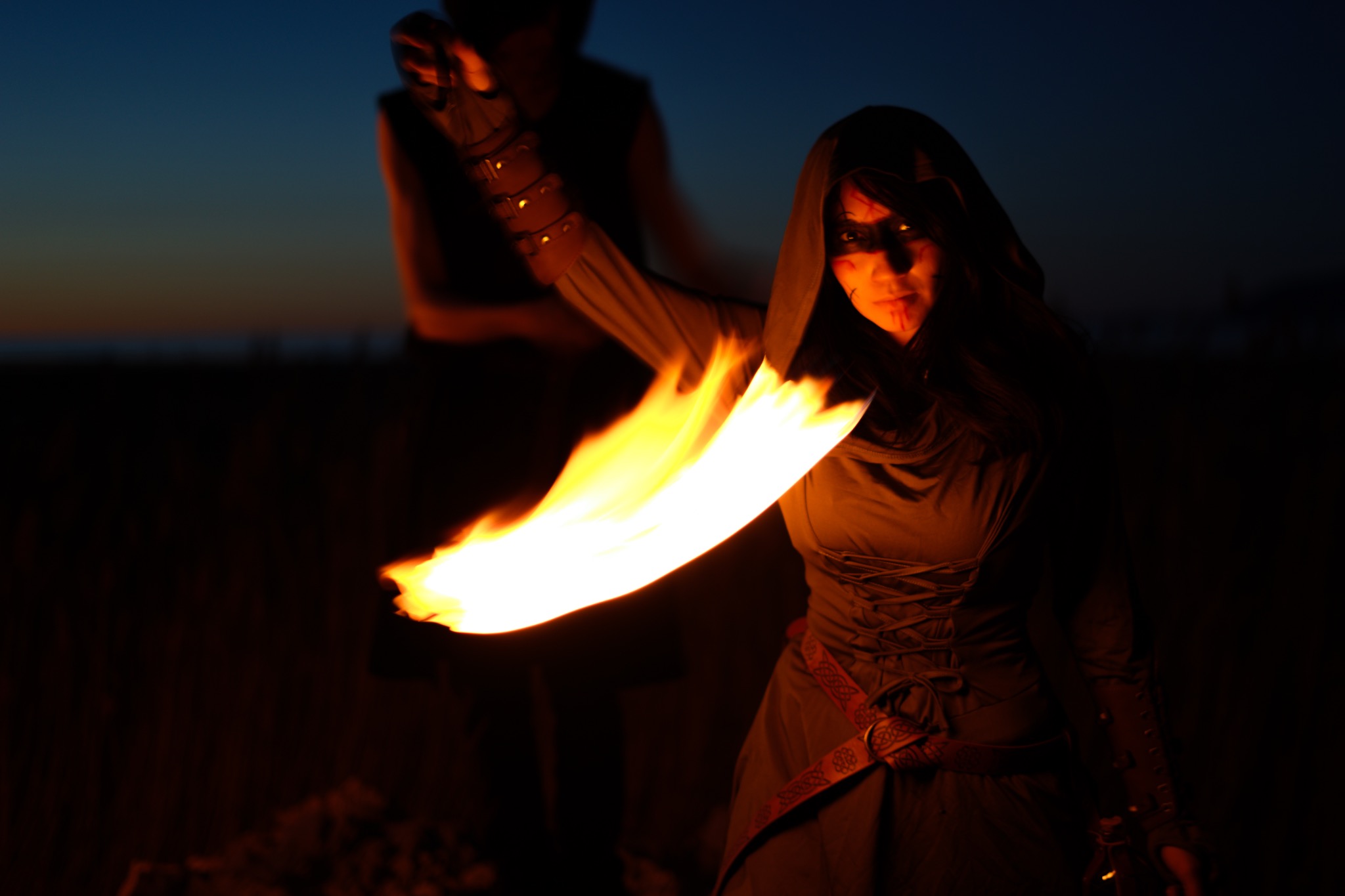 Close-up fire performance portrait